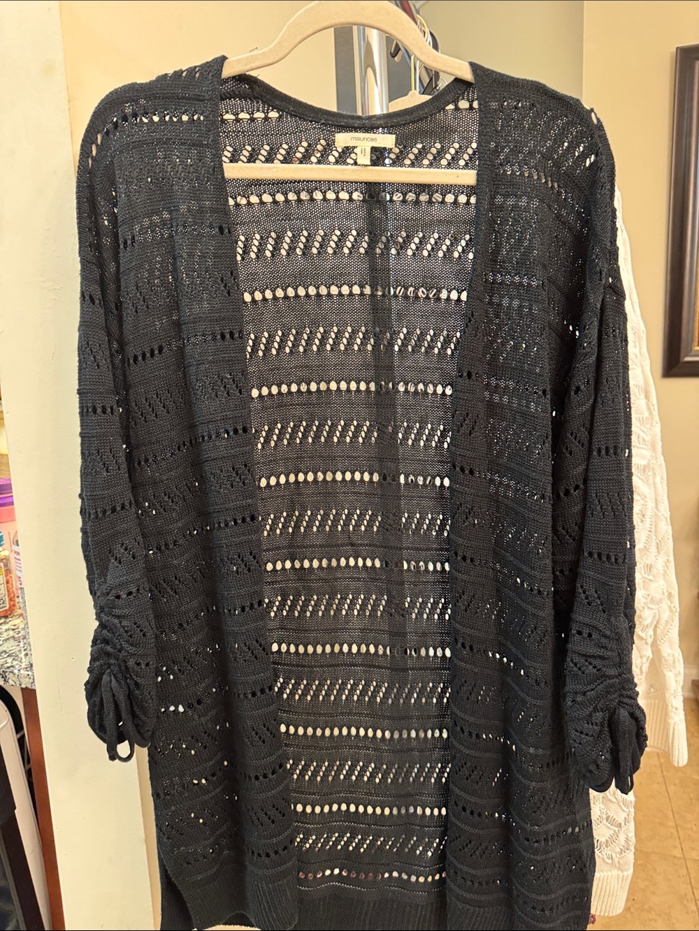 Maurices Black Open-Knit Ruched-Sleeve Cardigan